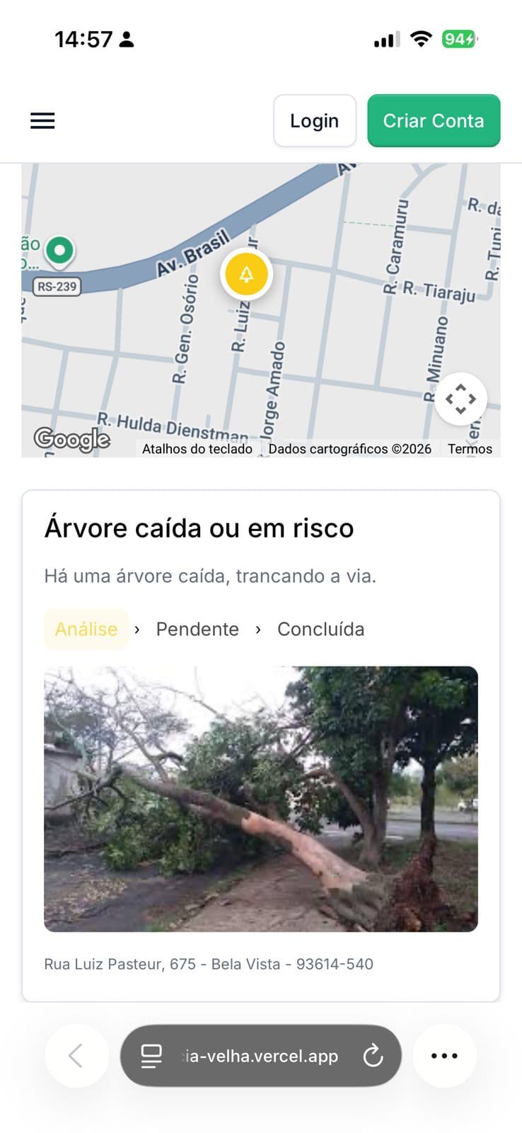 Tela mobile do Portal do Cidadão – mapa com pin de localização